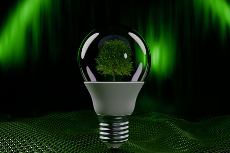 Tree inside the light bulb, symbolizing ecology and sustainability. 3D renderingの写真素材