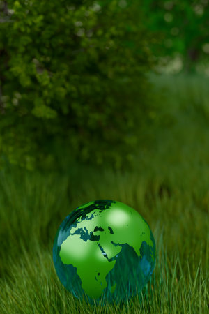 A green globe rests on grass, symbolizing Earth Day and environmental awareness. 3d renderingの写真素材