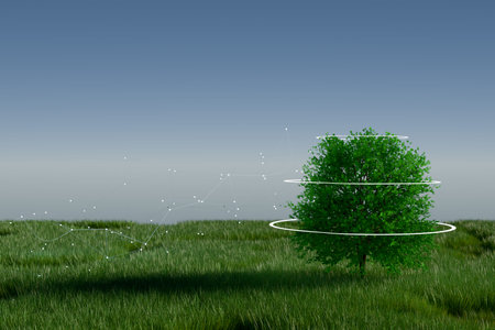A serene landscape featuring a lush green tree under a clear sky with network. 3d renderingの写真素材