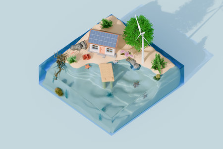 A miniature scene featuring a house, tree, and wind turbine surrounded by water. 3d renderingの写真素材
