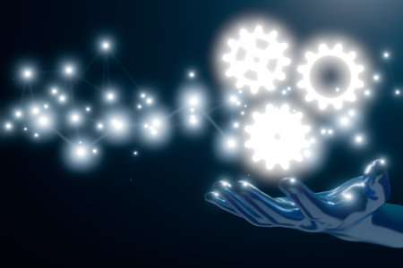 A glowing hand releasing sparkling gears, symbolizing creativity and innovation in a digital world....