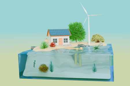A miniature ecofriendly house with a wind turbine, set on a waterthemed base, showing sustainability. 3d renderingの写真素材
