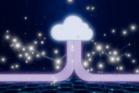 Digital cloud with glowing connections and stars, symbolizing technology and innovation. 3d renderingの写真素材