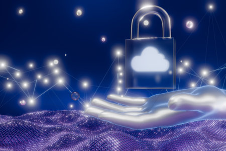 A digital representation of cloud security with a glowing padlock held above shimmering data waves. 3d renderingの写真素材