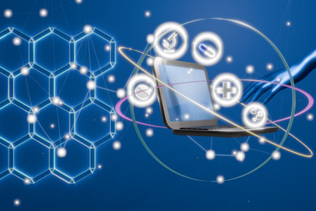 Digital technology and represented innovation by a laptop with futuristic medical icons on a blue background. 3d renderingの写真素材