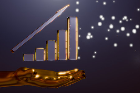 A golden hand holds a rising bar graph, symbolizing growth and success. 3d renderingの写真素材