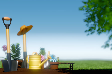 Gardening tools and flowers set against a clear sky, perfect for spring planting. 3d renderingの写真素材