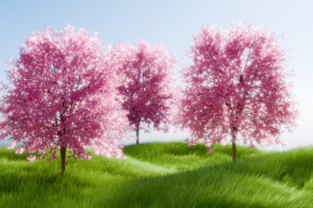 Beautiful cherry blossom trees in bloom on a sunny day, symbolizing spring and renewal. 3d renderingの写真素材
