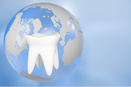 World Oral Health Day features a tooth symbolizing dental health on a globe. 3d renderingの写真素材