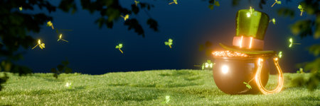 A glowing pot with a green top hat, celebrating St. Patricks Day amidst a magical grassy landscape. 3d renderingの写真素材