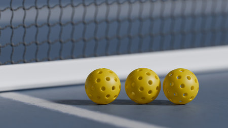 Three yellow pickleball balls near a net on a court, ready for play. 3d renderingの写真素材