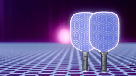 Two glowing blue paddles pickleball on a grid background. 3d renderingの写真素材