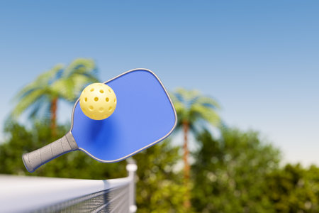 A pickleball paddle and ball in midair, set against a clear blue sky with palm trees in the background. 3d renderingの写真素材