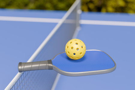 A pickleball resting on a paddle near a net, showcasing a fun outdoor sport. 3d renderingの写真素材