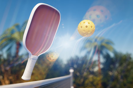 A pickleball paddle and ball in midair, set against a sunny backdrop with palm trees. Glitch effect 3d renderingの写真素材