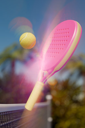 A pink padel tennis racket hitting a yellow ball in a sunny outdoor setting.Glitch effect 3d renderingの写真素材