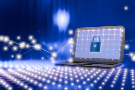 A laptop with a lock icon, symbolizing cybersecurity and data protection in a digital landscape. 3d...