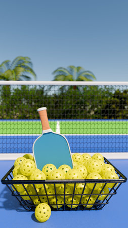 A basket of yellow pickleballs and a paddle on a court, perfect for a sunny day of pickleball. 3d renderingの写真素材