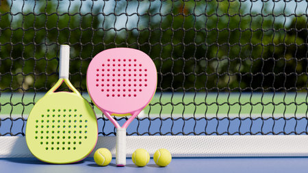 Colorful paddles and balls set against a tennis court backdrop, perfect for summer fun. 3d renderingの写真素材