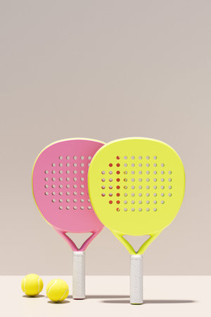 Two colorful paddles padel tennis and yellow balls, perfect for a fun summer game. 3d rendering