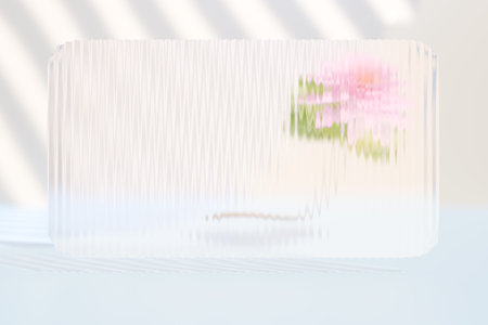 Pink flower behind glass ribbed transparent surface. Card mockup 3d rendering