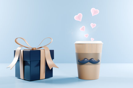 Gift and coffee cup with hearts, perfect for Father's Day celebration. 3d renderingの写真素材