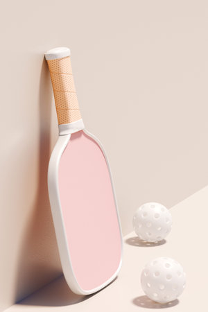 Paddle and balls for a fun game of pickleball, showcasing vibrant colors and playful design. 3d renderingの写真素材