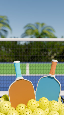 Colorful paddles and balls set on a pickleball court for summer fun and outdoor activities. 3d renderingの写真素材