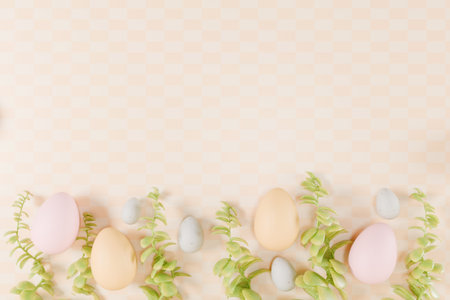 Easter eggs arranged with greenery on a pastel background, celebrating the holiday spirit. 3d...