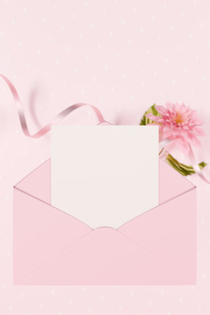 A pink envelope with a blank card and a flower, perfect for Valentines Day or special notes. 3d renderingの写真素材