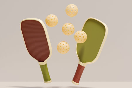 A pair of paddles and balls, representing a fun game of pickleball. 3d renderingの写真素材