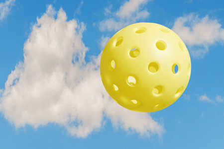 A yellow pickleball soaring against a blue sky with clouds, perfect for outdoor play. 3d renderingの写真素材