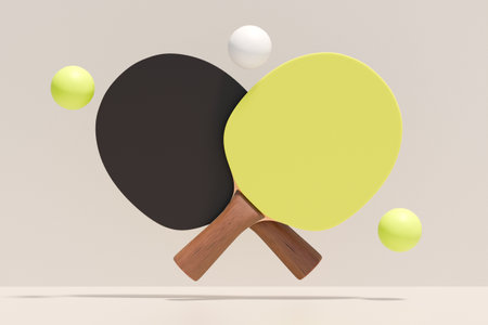 Table tennis paddles and balls in a dynamic arrangement, perfect for sports enthusiasts. 3d renderingの写真素材