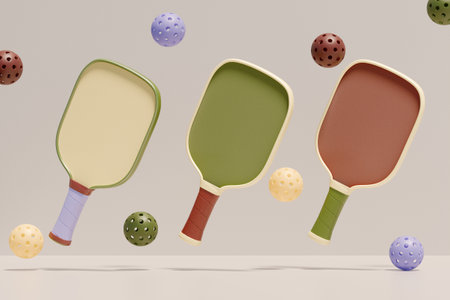 Colorful pickleball paddles and balls for a fun game, perfect for outdoor activities. 3d renderingの写真素材