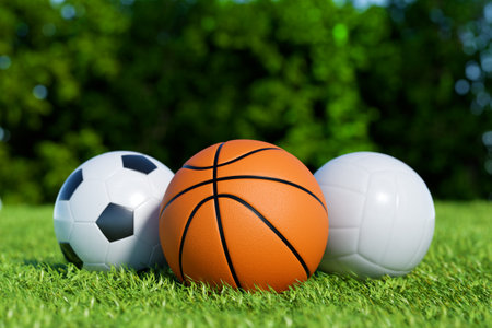 Sports balls on grass including soccer basketball and volleyball.3d renderingの写真素材