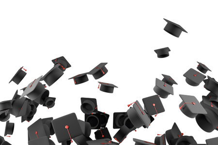 Graduation caps flying in celebration of a graduation ceremony on an isolated background. 3d rendering