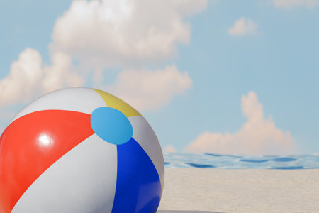 A colorful beach ball rests on the sand, perfect for summer fun by the water. 3d renderingの写真素材