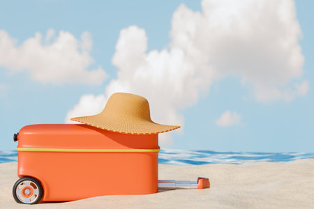 A vibrant suitcase and straw hat sit on the sandy beach, perfect for a summer getaway. 3d renderingの写真素材