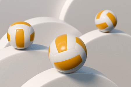A trio of volleyballs resting on a sleek surface, ideal for summer activities. 3d renderingの写真素材