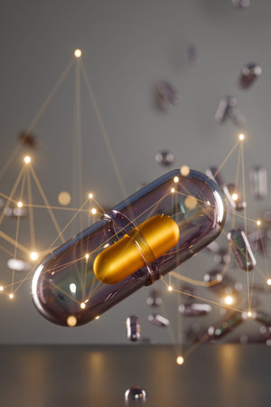 A golden capsule floats among scattered pills with glowing network lines in the background. 3d renderingの写真素材