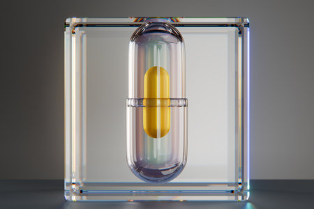 A yellow pill encapsulated in a clear capsule, showcased within a transparent glass cube. 3d renderingの写真素材