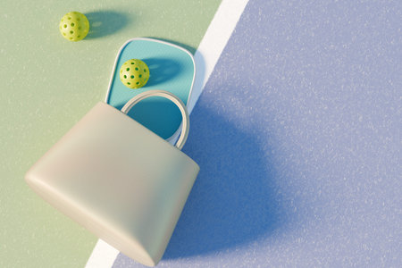 Pickleball paddle racket and balls in a bag on a court, top view. 3d renderingの写真素材