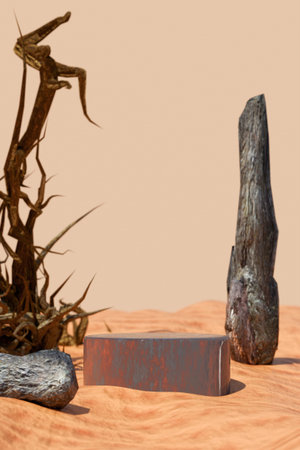 Abstract stone sculptures and dried plant arranged in a minimalist art setup. 3d renderingの写真素材
