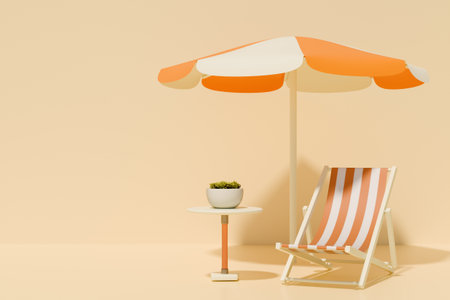 Summer beach scene with striped chair, umbrella, and a small table. 3d renderingの写真素材