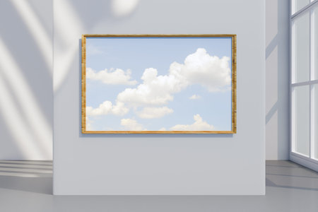 A framed artwork of a cloudy sky hangs on a white wall in a sunlit gallery space. 3d rendering