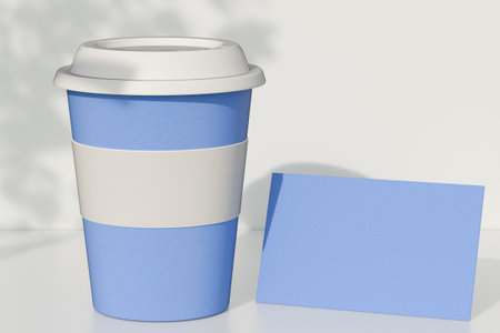 Blue disposable coffee cup with lid and blank blue card on white background. 3d renderingの写真素材