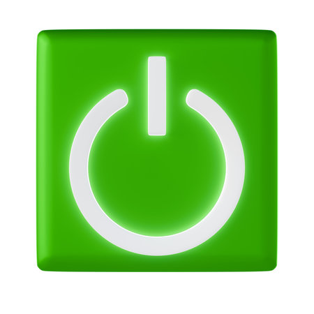 A white power symbol displayed on a green square button, representing power or onoff function. 3d renderingの写真素材