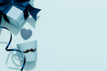 A mustache mug and a wrapped gift with ribbon celebrate Fathers Day in a simple, stylish setting. 3d renderingの写真素材
