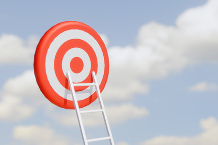 A ladder extends toward a red and white bullseye target in the sky under clouds. 3d renderingの写真素材