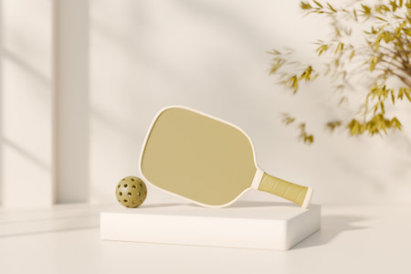 A pickleball paddle and ball are displayed on a white pedestal with soft natural lighting. 3d renderingの写真素材